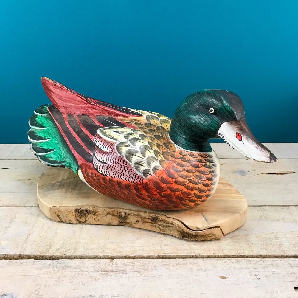 VINTAGE Wood Duck Decoy Hand-Painted Bright Colors Distressed Rustic Cabin Decor - Picture 1 of 11